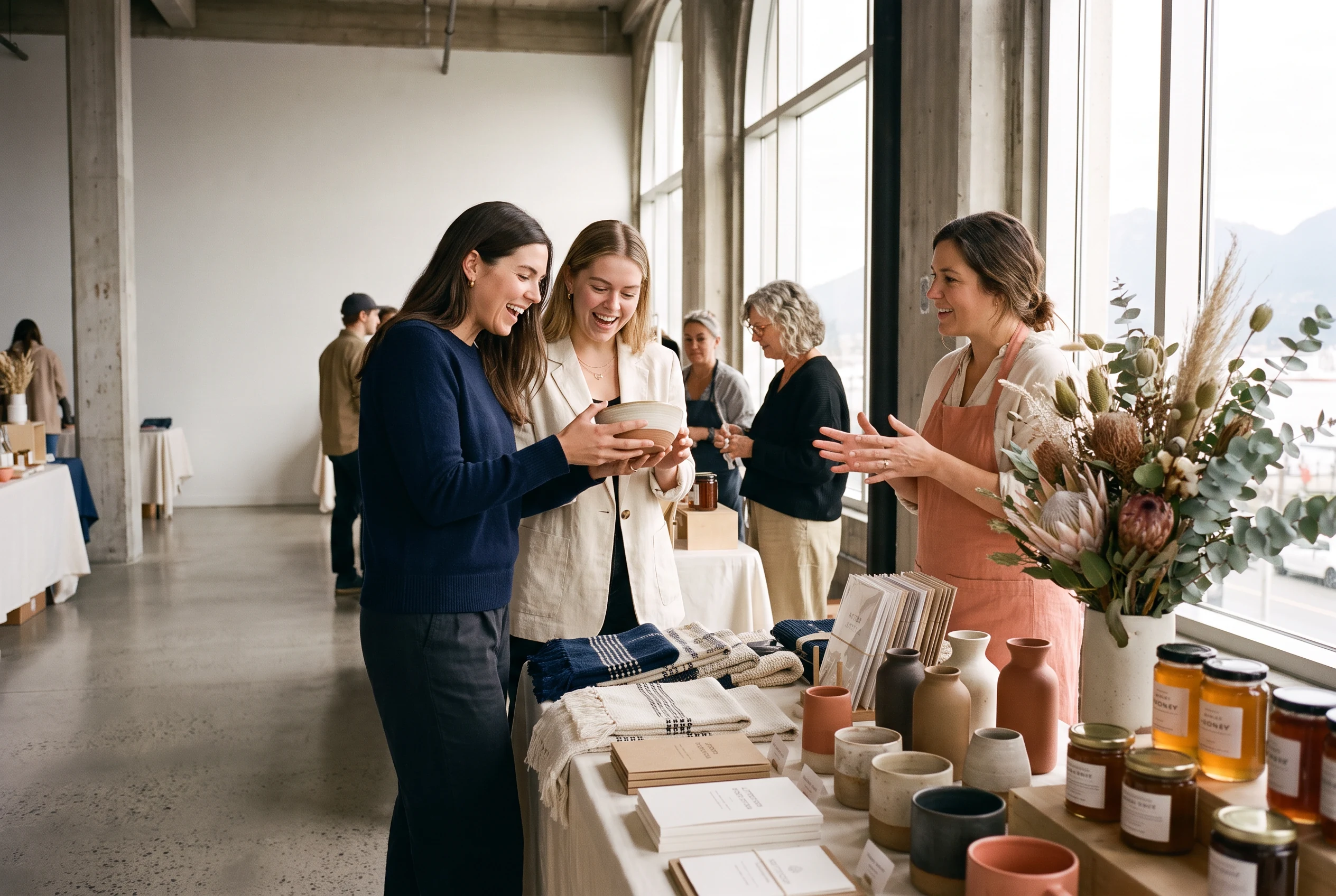 Visitors learning about a local maker’s work